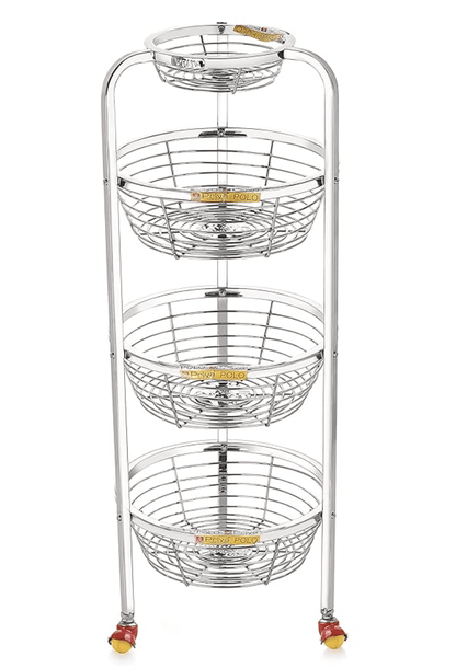 Priya Stainless Steel 3 Layer Polo Shaped Fruit and Vegetable Stand/Basket/Trolley Modern Kitchen Storage Rack (White, Standard - Basket Diameter -11 inch, Height - 4inch)