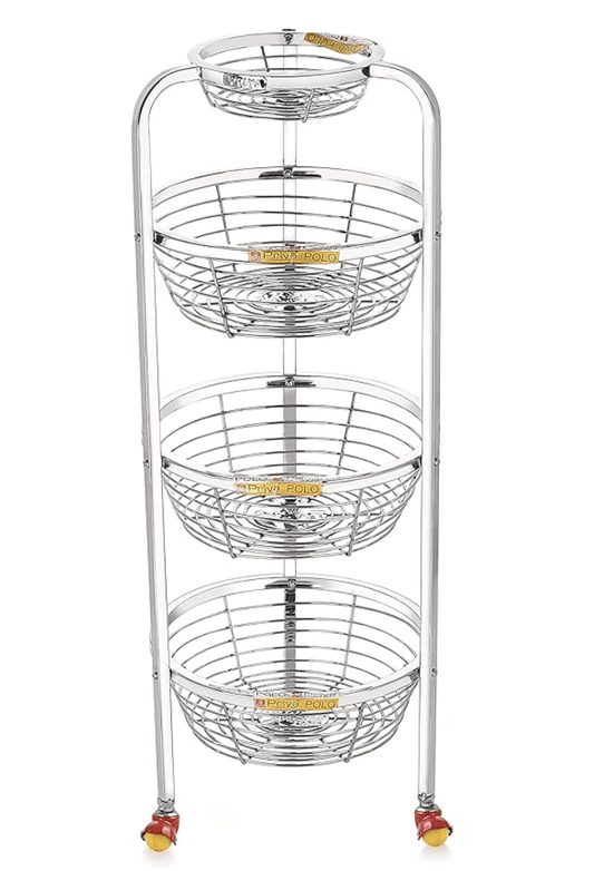 Priya Stainless Steel 3 Layer Polo Shaped Fruit and Vegetable Stand/Basket/Trolley Modern Kitchen Storage Rack (White, Standard - Basket Diameter -11 inch, Height - 4inch)