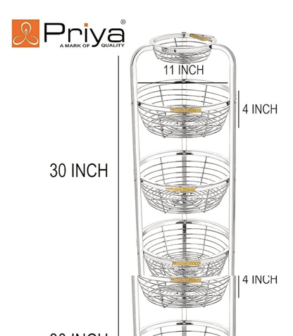 Priya Stainless Steel 3 Layer Polo Shaped Fruit and Vegetable Stand/Basket/Trolley Modern Kitchen Storage Rack (White, Standard - Basket Diameter -11 inch, Height - 4inch)
