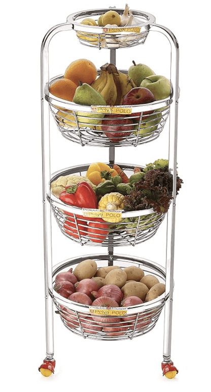 Priya Stainless Steel 3 Layer Polo Shaped Fruit and Vegetable Stand/Basket/Trolley Modern Kitchen Storage Rack (White, Standard - Basket Diameter -11 inch, Height - 4inch)