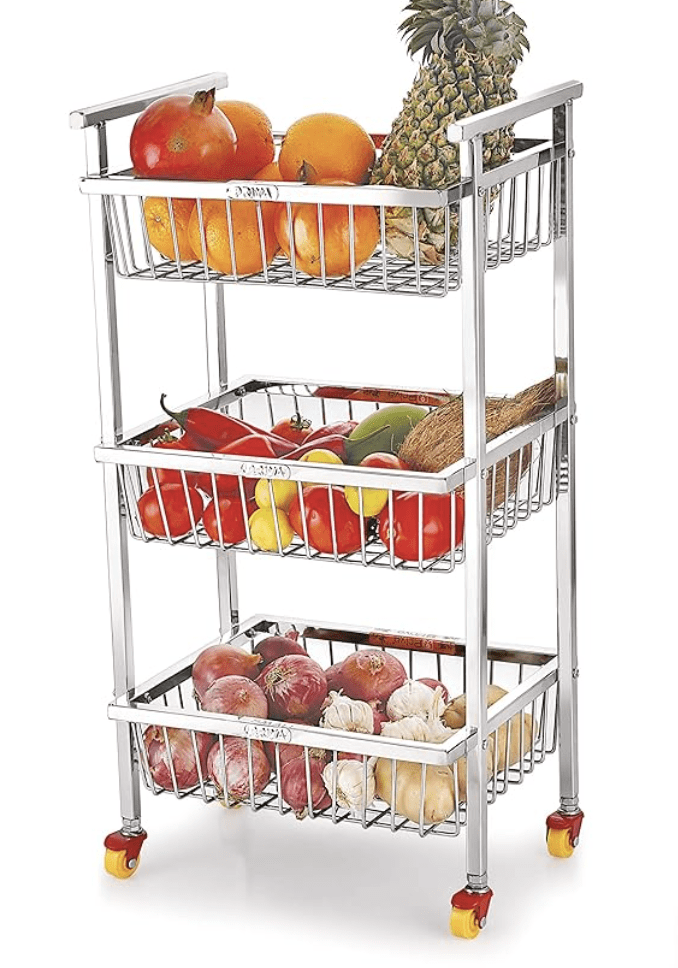 Priya 3 Layer Stainless Steel Royal Shaped Fruit and Vegetable Stand Storage Rack ( 12 inch x 10 inch x 3.25 inch)