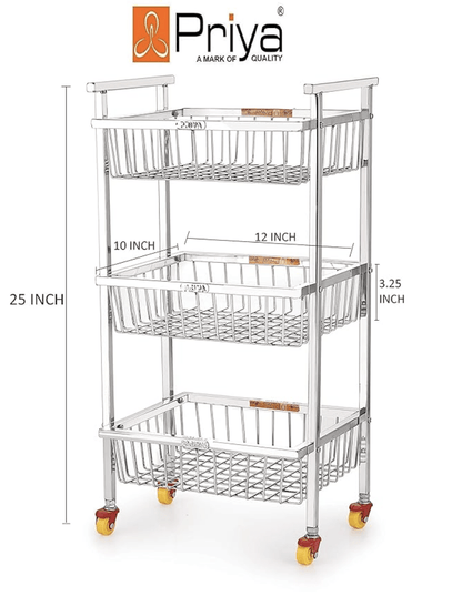 Priya 3 Layer Stainless Steel Royal Shaped Fruit and Vegetable Stand Storage Rack ( 12 inch x 10 inch x 3.25 inch)