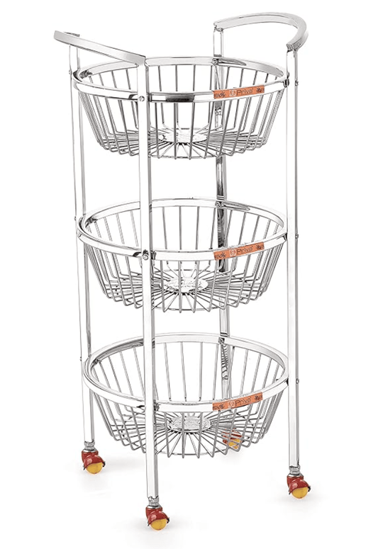 Priya Diamond Stainless Steel Small Round Vegetable and Fruit Trolley (3 Stand-26 Inch)