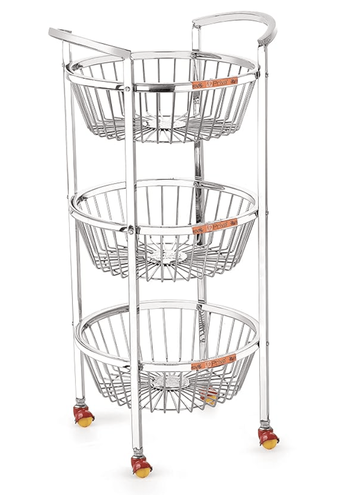 Priya Diamond Stainless Steel Small Round Vegetable and Fruit Trolley (3 Stand-26 Inch)-1