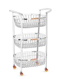 Priya Oval Shaped Stainless Steel 3-Tier Fruits & Vegetable Trolley Container Basket Organiser Holder Stand for Kitchen(Basket Size Length-15 inch Width-10 inch Height- 4 inch Approx Silver-1