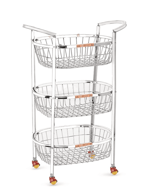 Priya Oval Shaped Stainless Steel 3-Tier Fruits & Vegetable Trolley Container Basket Organiser Holder Stand for Kitchen(Basket Size Length-15 inch Width-10 inch Height- 4 inch Approx Silver