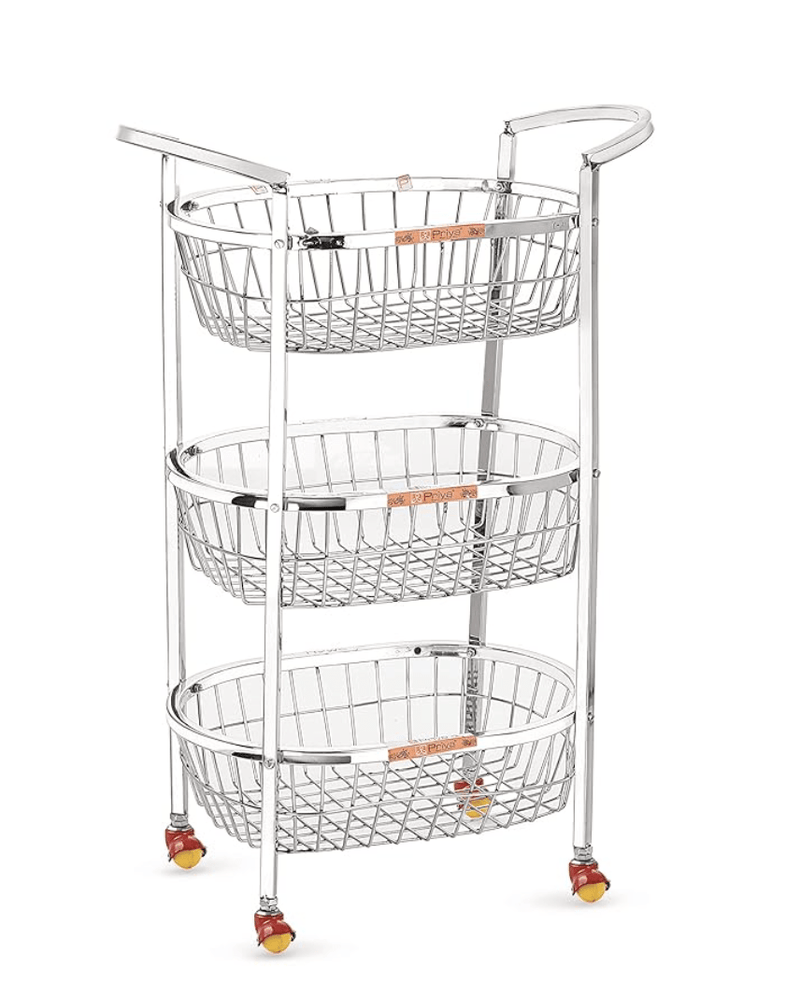 Priya Oval Shaped Stainless Steel 3-Tier Fruits & Vegetable Trolley Container Basket Organiser Holder Stand for Kitchen(Basket Size Length-15 inch Width-10 inch Height- 4 inch Approx Silver-1