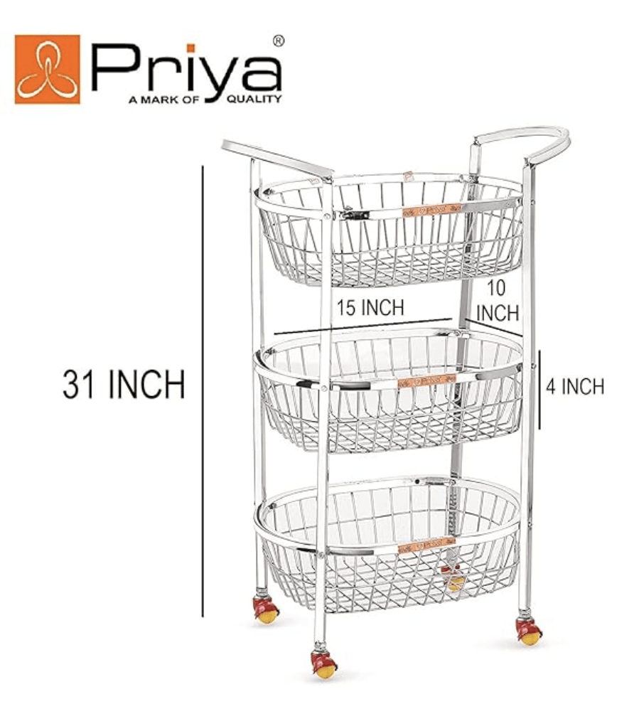 Priya Oval Shaped Stainless Steel 3-Tier Fruits & Vegetable Trolley Container Basket Organiser Holder Stand for Kitchen(Basket Size Length-15 inch Width-10 inch Height- 4 inch Approx Silver