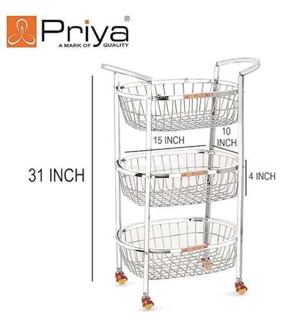 Priya Oval Shaped Stainless Steel 3-Tier Fruits & Vegetable Trolley Container Basket Organiser Holder Stand for Kitchen(Basket Size Length-15 inch Width-10 inch Height- 4 inch Approx Silver