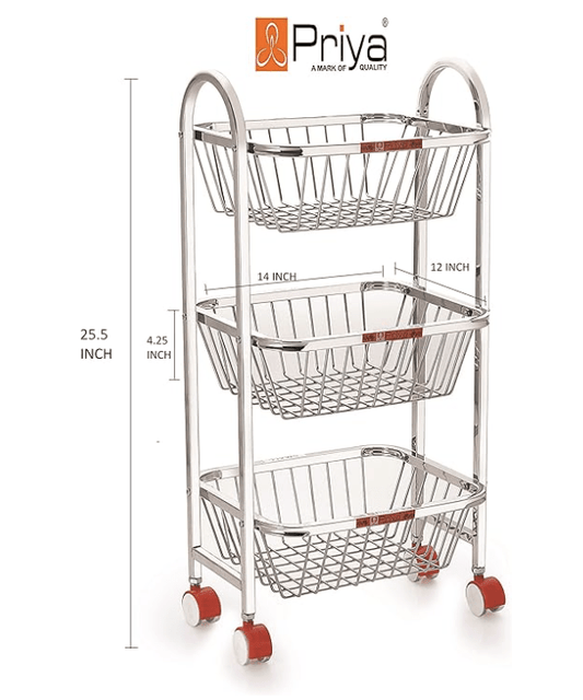 Priya Stainless Steel Trolley 3 Layers (14x12x4.25-inch, White)