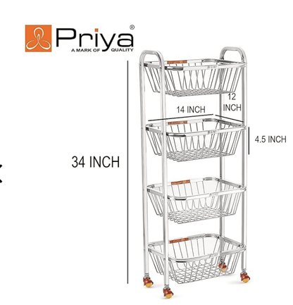 Priya 4 Layers Fruits, Vegetable Big Kitchen Trolley (White), Stainless Steel, Standard