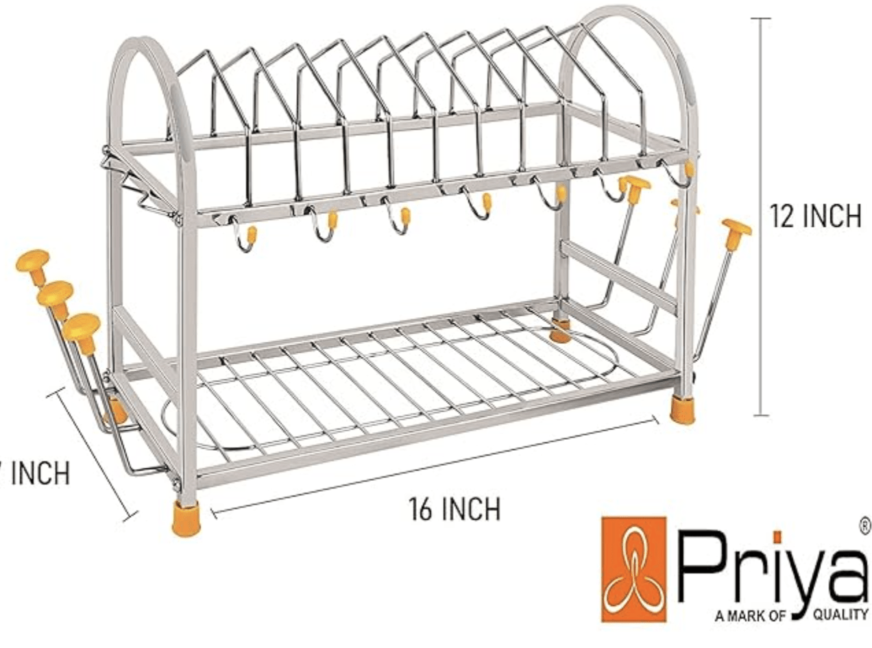 Priya Stainless Steel Standard Kitchen Organizer 5-in-1 Dish Drainer, Size- Length-21inch Width-8 inch Height-12inch(White)