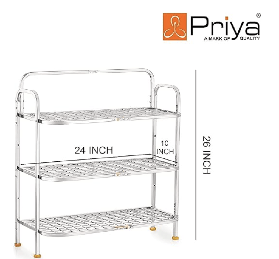 Priya Heavy Stainless Steel Premium 3-Tiers Shoe Rack/Multipurpose Storage Rack (Need to Be Assemble - Size-Length-24 inch x Width-10 inch x Overall Height-26 inch)