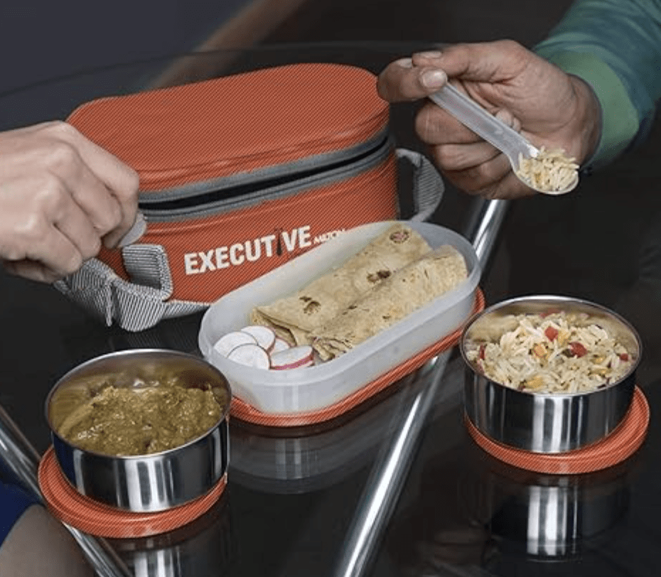 MILTON Executive Lunch Insulated Tiffin, 2 Round Containers, 280 ml Each, 1 Oval Container, 450 ml, Orange| Microwave Safe | Easy to Carry | Leak Proof | Insulated Tiffin | Hot Food