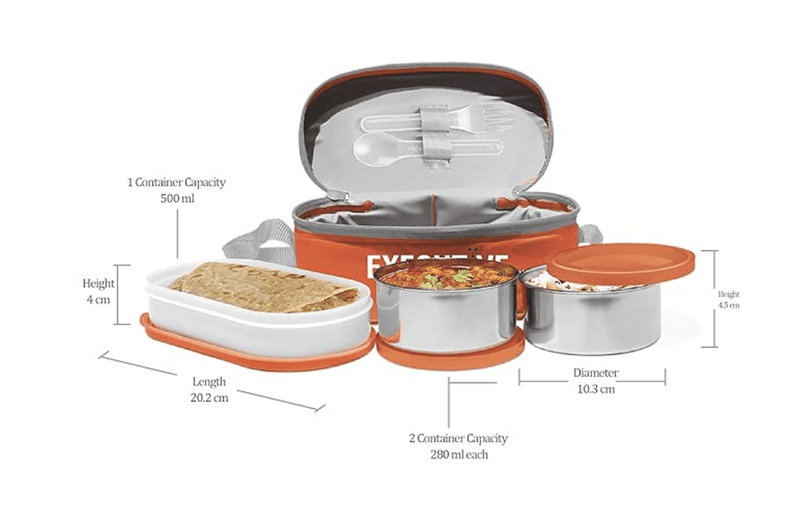 MILTON Executive Lunch Insulated Tiffin, 2 Round Containers, 280 ml Each, 1 Oval Container, 450 ml, Orange| Microwave Safe | Easy to Carry | Leak Proof | Insulated Tiffin | Hot Food-2