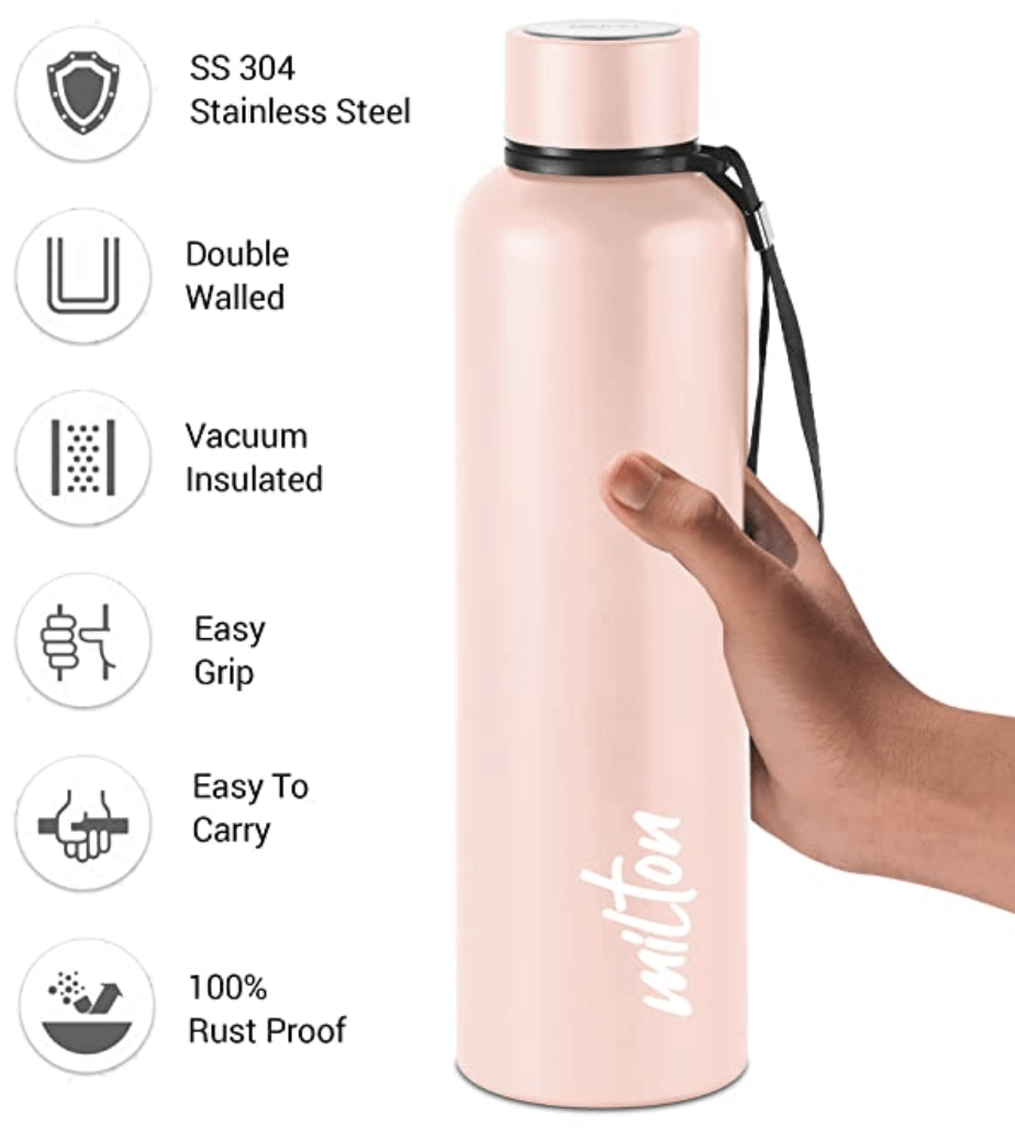 Milton Aura 1000 Thermosteel Bottle, 1.05 Litre, Beige | 24 Hours Hot and Cold | Easy to Carry | Rust & Leak Proof | Tea | Coffee | Office| Gym | Home | Kitchen | Hiking | Trekking | Travel Bottle