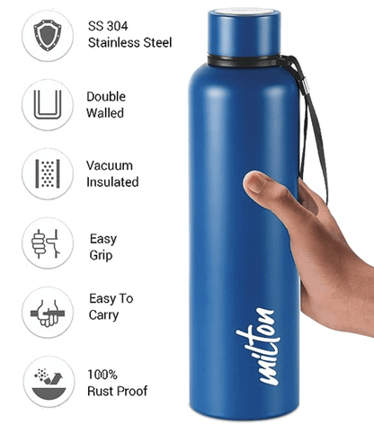 Milton Aura 1000 Thermosteel Bottle, 1.05 Litre, Dark Blue | 24 Hours Hot and Cold | Easy to Carry | Rust & Leak Proof | Tea | Coffee | Office| Gym | Home | Kitchen | Hiking | Trekking | Travel Bottle