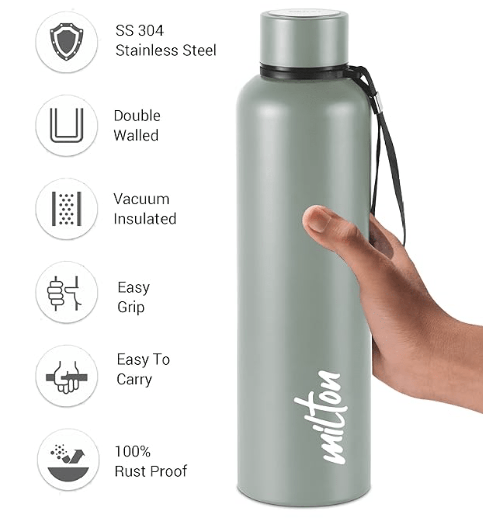 Milton Aura 1000 Thermosteel Bottle, 1.05 Litre, Grey | 24 Hours Hot and Cold | Easy to Carry | Rust & Leak Proof | Tea | Coffee | Office| Gym | Home | Kitchen | Hiking | Trekking | Travel Bottle