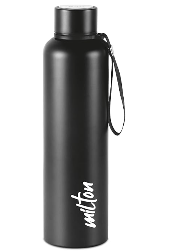 Milton Aura 1000 Thermosteel Bottle, 1.05 Litre, Black | 24 Hours Hot and Cold | Easy to Carry | Rust & Leak Proof | Tea | Coffee | Office| Gym | Home | Kitchen | Hiking | Trekking | Travel Bottle