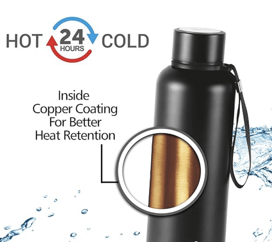 Milton Aura 1000 Thermosteel Bottle, 1.05 Litre, Black | 24 Hours Hot and Cold | Easy to Carry | Rust & Leak Proof | Tea | Coffee | Office| Gym | Home | Kitchen | Hiking | Trekking | Travel Bottle