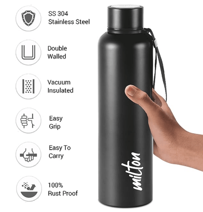Milton Aura 1000 Thermosteel Bottle, 1.05 Litre, Black | 24 Hours Hot and Cold | Easy to Carry | Rust & Leak Proof | Tea | Coffee | Office| Gym | Home | Kitchen | Hiking | Trekking | Travel Bottle