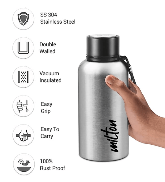 Milton Aura 500 Thermosteel Bottle, 520 ml, Silver | 24 Hours Hot and Cold | Easy to Carry | Rust Proof | Leak Proof | Tea | Coffee | Office| Gym | Home | Kitchen | Hiking | Trekking | Travel Bottle