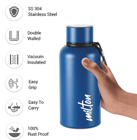 Milton Aura 500 Thermosteel Bottle, 520 ml, Dark Blue | 24 Hours Hot and Cold | Easy to Carry | Rust & Leak Proof | Tea | Coffee | Office| Gym | Home | Kitchen | Hiking | Trekking | Travel Bottle