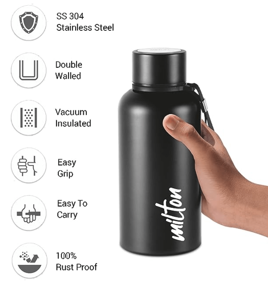 Milton Aura 500 Thermosteel Bottle, 520 ml, Black | 24 Hours Hot and Cold | Easy to Carry | Rust Proof | Leak Proof | Tea | Coffee | Office| Gym | Home | Kitchen | Hiking | Trekking | Travel Bottle