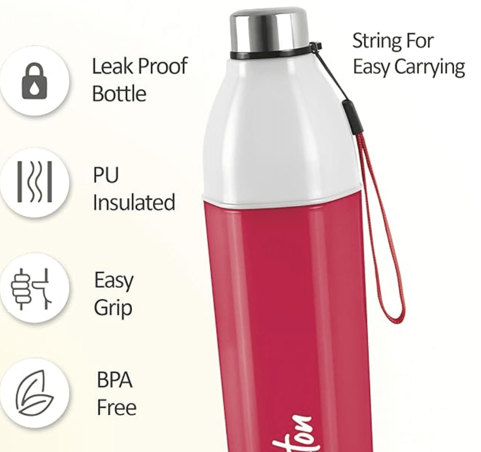 Milton Kool Hexone 900 Insulated Water Bottle, 720 ml, Red | Leak Proof | Easy Grip | BPA Free | Easy to Carry | Odourless
