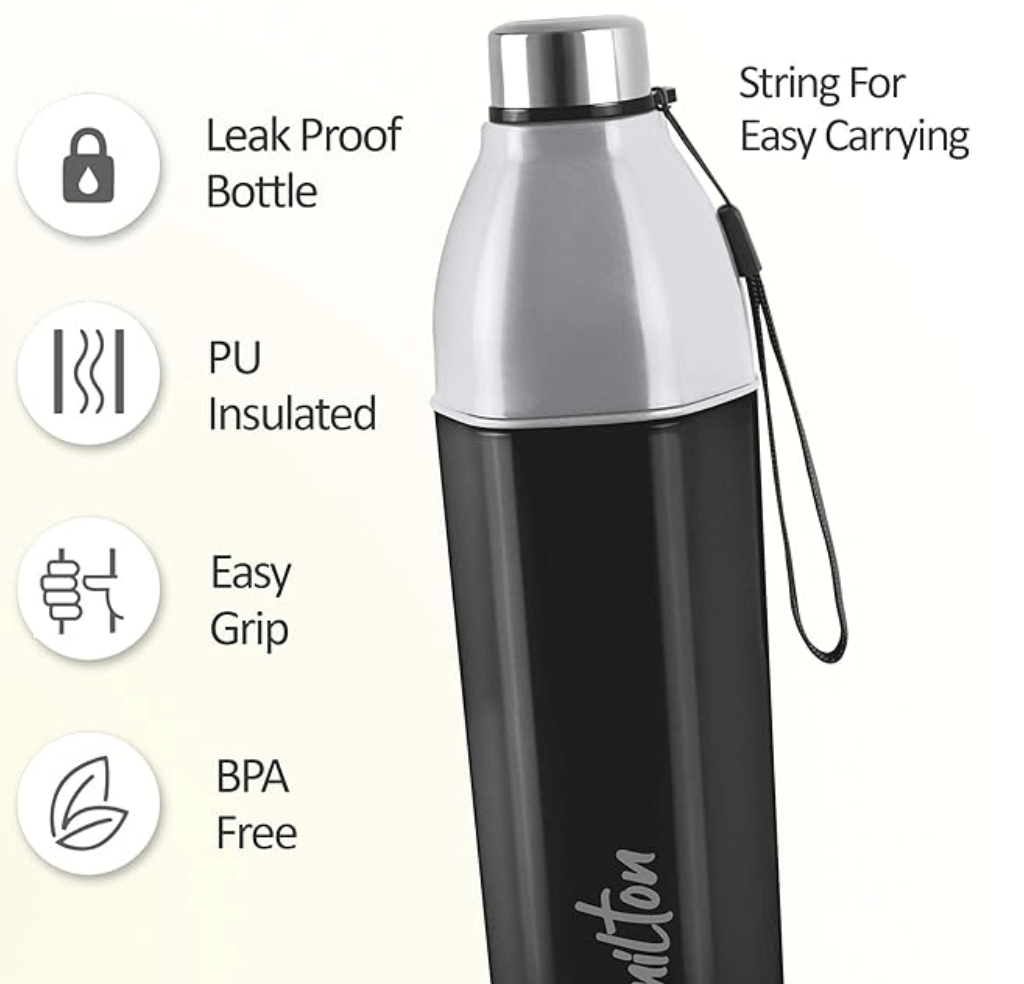 Milton Kool Hexone 900 Insulated Water Bottle, 720 ml, Black | Leak Proof | Easy Grip | BPA Free | Easy to Carry | Odourless