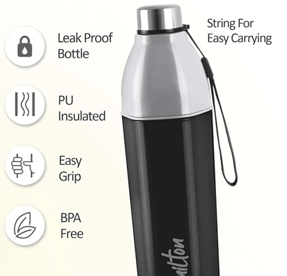 Milton Kool Hexone 600 Insulated Water Bottle, 465 ml, Black | Leak Proof | Easy Grip | BPA Free | Easy to Carry | Odourless