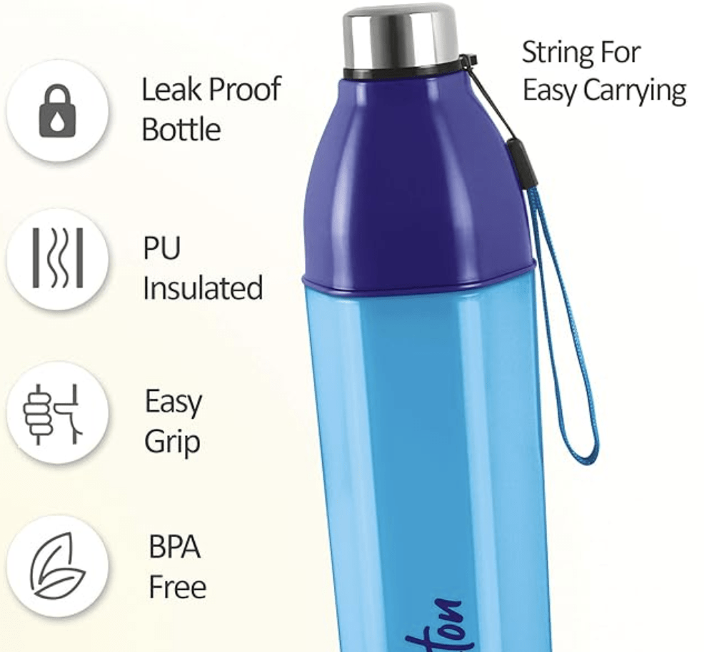 Milton Kool Hexone 600 Insulated Water Bottle, 465 ml, Blue | Leak Proof | Easy Grip | BPA Free | Easy to Carry | Odourless