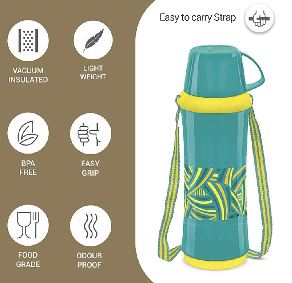 MILTON Angelina 1000 Plastic Insulated Flask, 820 ml, Aqua Green | BPA Free | Food Grade | Easy to Carry | Odour Free