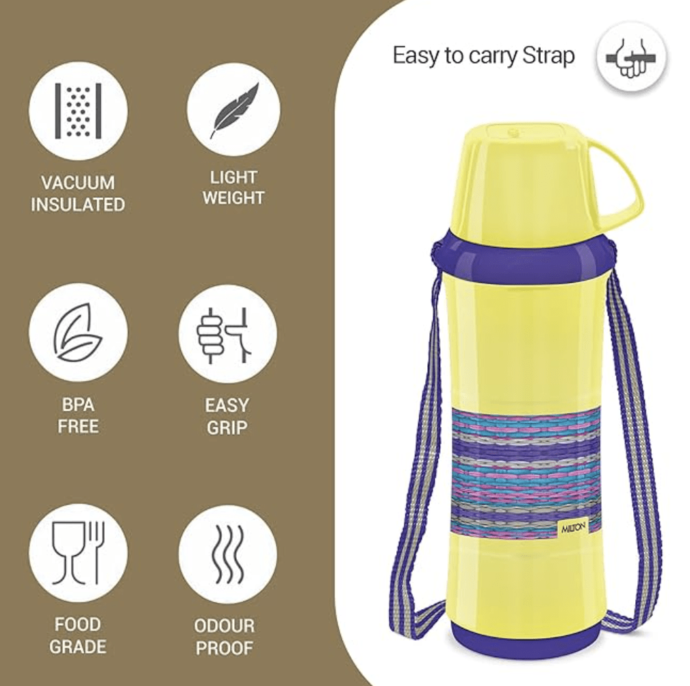 MILTON Angelina 1000 Plastic Insulated Flask, 820 ml, Yellow | BPA Free | Food Grade | Easy to Carry | Odour Free