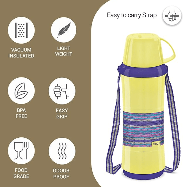 MILTON Angelina 1000 Plastic Insulated Flask, 820 ml, Yellow | BPA Free | Food Grade | Easy to Carry | Odour Free-2