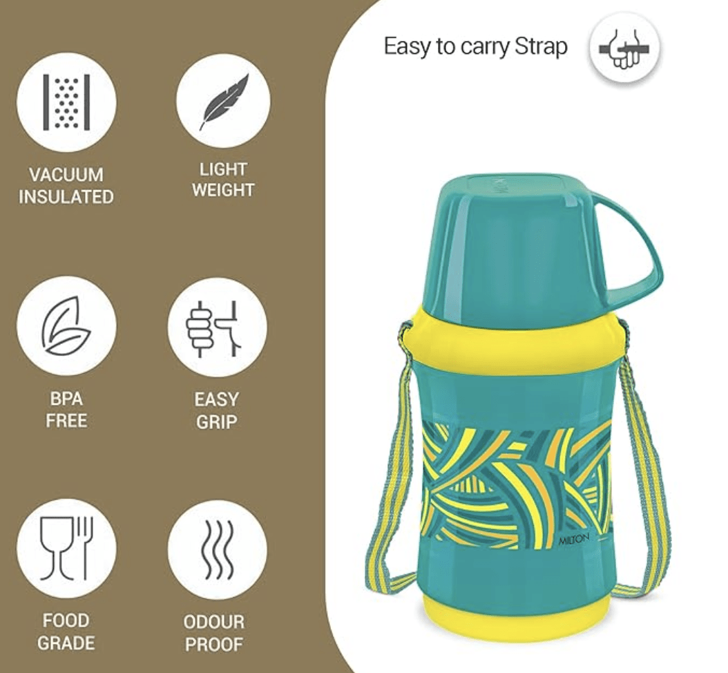 MILTON Angelina 500 Plastic Insulated Flask, 470 ml, Aqua Green | BPA Free | Food Grade | Easy to Carry | Odour Free