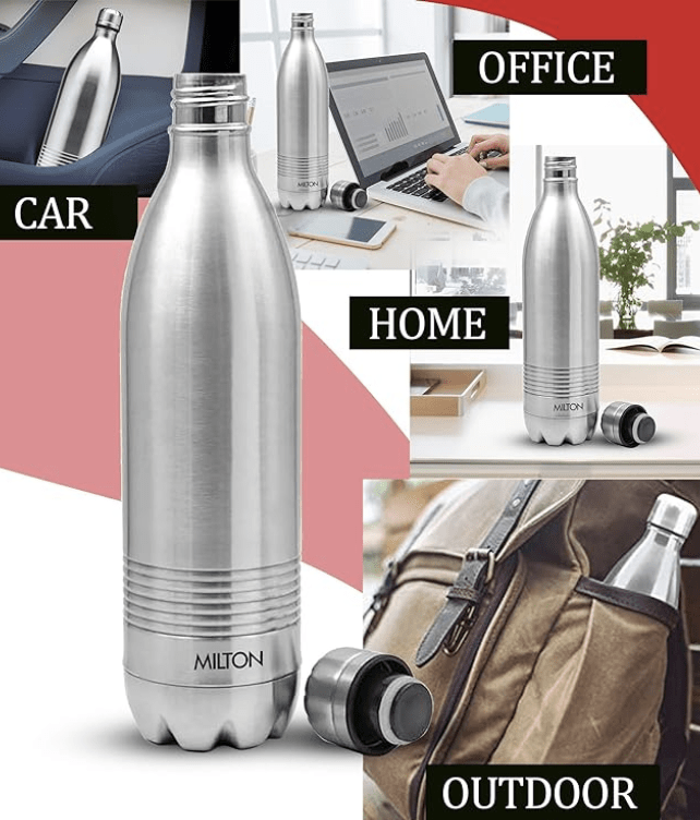 Milton Duo DLX 1000 Thermosteel 24 Hours Hot and Cold Water Bottle, 1 Piece, 1 Litre | Leak Proof | Office Bottle | Gym | Home | Kitchen | Hiking | Trekking | Travel Bottle
