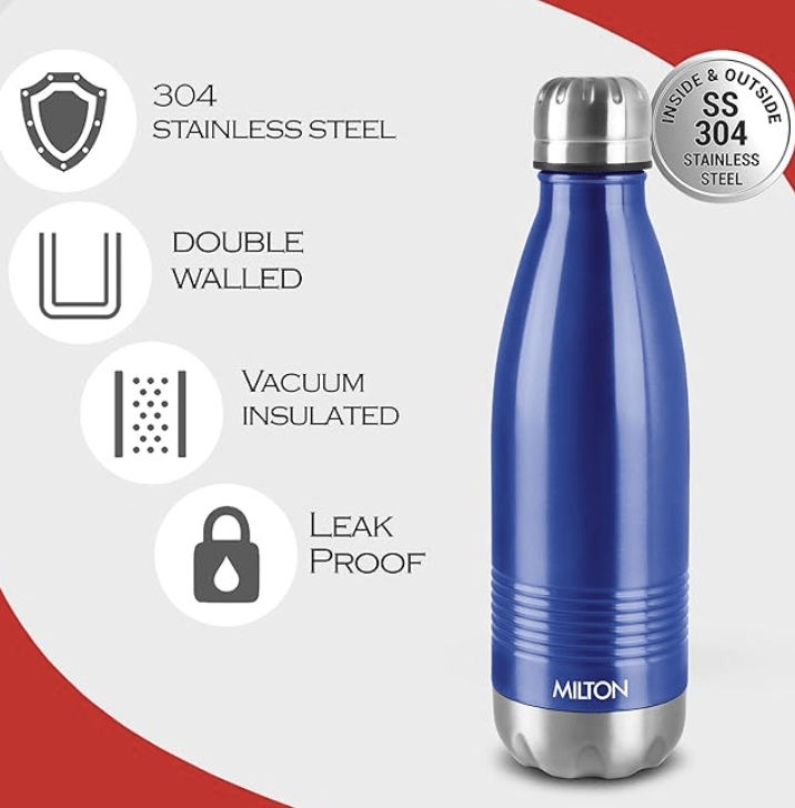 Milton Duo DLX 500 Thermosteel 24 Hours Hot and Cold Water Bottle, 1 Piece, 500 ml, Silver | Leak Proof | Office Bottle | Gym | Home | Kitchen | Hiking | Trekking | Travel Bottle