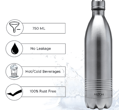 Milton Duo DLX 750 Thermosteel 24 Hours Hot and Cold Water Bottle, 1 Piece, 700 ml, Silver | Leak Proof | Office Bottle | Gym | Home | Kitchen | Hiking | Trekking | Travel Bottle