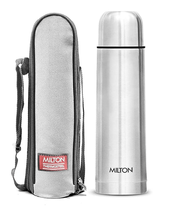 Milton Plain Lid 1000 Thermosteel 24 Hours Hot and Cold Water Bottle, 1 Piece, 1 Litre, Silver | Leak Proof | Office Bottle | Gym Bottle | Home | Kitchen | Hiking | Trekking | Travel Bottle