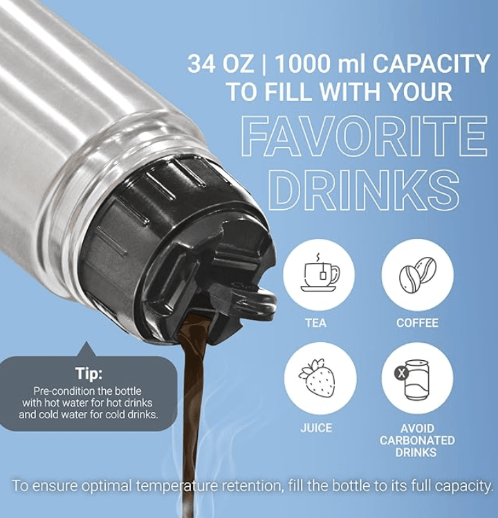 Milton Thermosteel Flip Lid Flask, 1000 milliliters, Silver