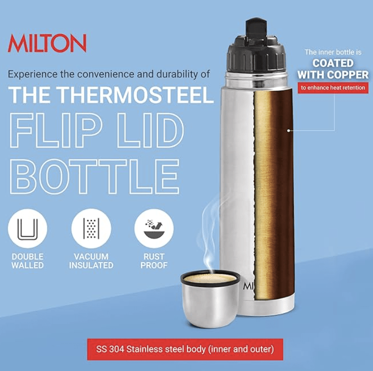 Milton Thermosteel Flip Lid Flask, 1000 milliliters, Silver-2