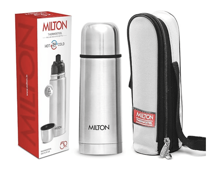 Milton Flip Lid 350 Thermosteel 24 Hours Hot and Cold Water Bottle with Bag, 1 Piece, 350 ml, Silver | Leak Proof | Office | Gym | Home | Kitchen | Hiking | Trekking | Travel