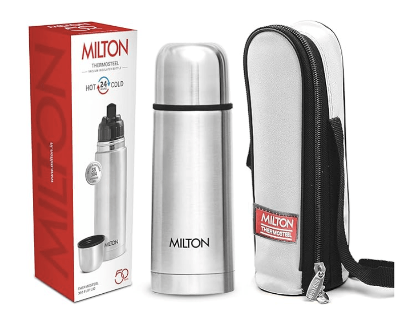 Milton Flip Lid 350 Thermosteel 24 Hours Hot and Cold Water Bottle with Bag, 1 Piece, 350 ml, Silver | Leak Proof | Office | Gym | Home | Kitchen | Hiking | Trekking | Travel-1