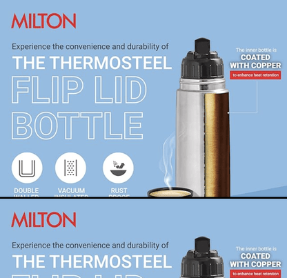 Milton Flip Lid 350 Thermosteel 24 Hours Hot and Cold Water Bottle with Bag, 1 Piece, 350 ml, Silver | Leak Proof | Office | Gym | Home | Kitchen | Hiking | Trekking | Travel