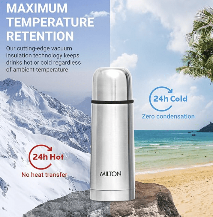 Milton Flip Lid 350 Thermosteel 24 Hours Hot and Cold Water Bottle with Bag, 1 Piece, 350 ml, Silver | Leak Proof | Office | Gym | Home | Kitchen | Hiking | Trekking | Travel