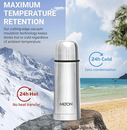 Milton Flip Lid 350 Thermosteel 24 Hours Hot and Cold Water Bottle with Bag, 1 Piece, 350 ml, Silver | Leak Proof | Office | Gym | Home | Kitchen | Hiking | Trekking | Travel