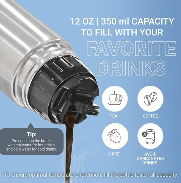 Milton Flip Lid 350 Thermosteel 24 Hours Hot and Cold Water Bottle with Bag, 1 Piece, 350 ml, Silver | Leak Proof | Office | Gym | Home | Kitchen | Hiking | Trekking | Travel