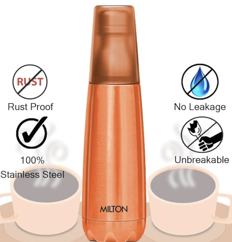 Milton Vertex 500 Thermosteel Water Bottle with Unbreakable Plastic Tumbler, 500 ml, Peach