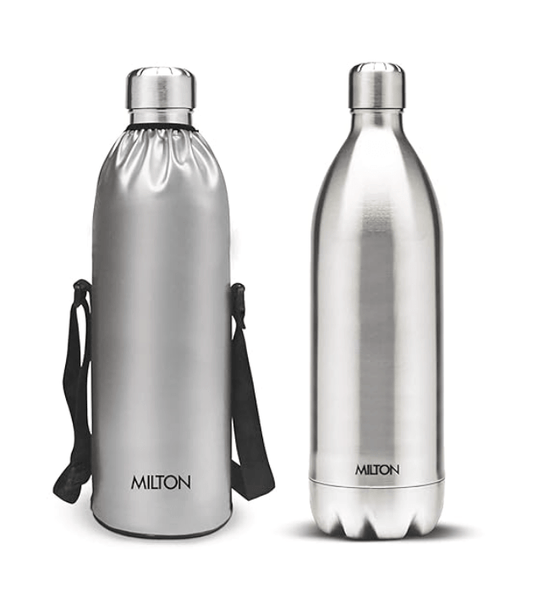 मिल्टन डुओ DLX 1800 थर्मोस्टील 24 घंटे गर्म और ठंडे पानी की बोतल बैग के साथ, 1 पीस, 1.8 लीटर, सिल्वर | लीक प्रूफ | ऑफिस बोतल | जिम | घर | किचन | हाइकिंग | ट्रैकिंग | ट्रैवल बोतल 